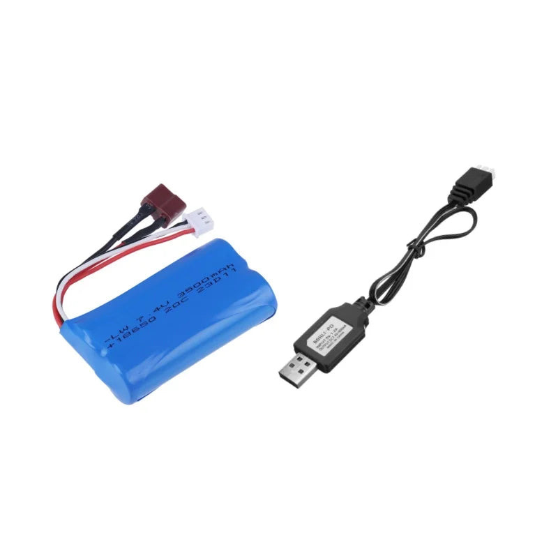 Batterie Li-ion Améliorée 7.4V 3500mAh 2S (Prise en T) + Câble Chargeur USB pour Voitures SCY PRO